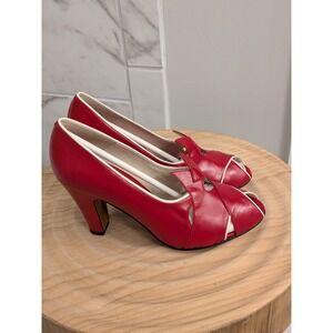 NWB Red Leather Remix Classic Peep Toe Heels Vintage Style Designer Shoes Sz 7.5